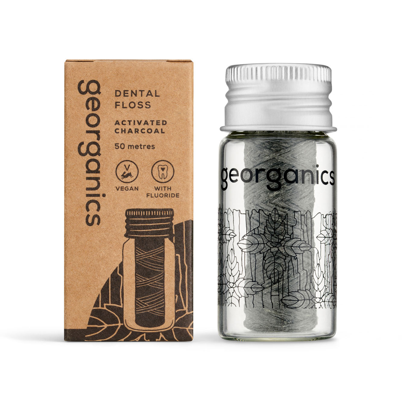 Georganics dantų siūlas su fluoru ir aktyvuota anglimi 50 m (stiklinėje pakuotėje)